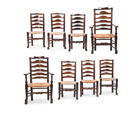 A HARLEQUIN SET OF EIGHT ASH LADDER BACK CHAIRS NORTH WEST ENGLAND, PROBABLY BILLINGE NEAR WIGAN, CIRCA 1830Two include two a