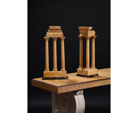 TWO GIALLO ANTICO MODELS OF THE TEMPLES OF VESPASIAN AND CASTOR AND POLLUX ROME, 19TH CENTURY Of conventional form, set on va