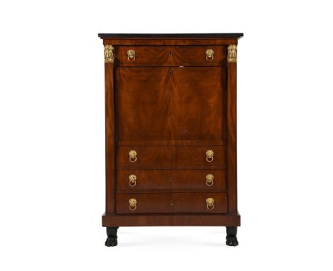 AN EMPIRE MAHOGANY, GILT METAL MOUNTED AND MARBLE TOPPED SECRETAIRE ABBATTANT AND COMMODE EN SUITEEARLY 19TH CENTURYThe fall 