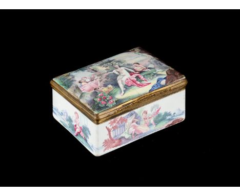 A FRENCH ENAMEL TABLE SNUFF BOX CIRCA 1800 of rectangular gilt metal mounted form, finely painted throughout in the Neoclassi