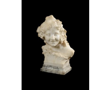 A SCULPTED ALABASTER BUST OF A YOUNG LAUGHING GIRL ITALIAN, LATE 19TH CENTURY Mottled grey marble base, unsigned 47.5cm high 
