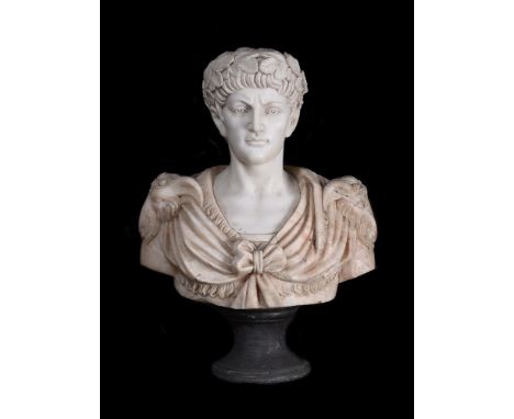 AFTER THE ANTIQUE, A CARVED MARBLE BUST OF A ROMAN EMPEROR 20TH CENTURY Ram head decoration to the shoulders, white marble fa