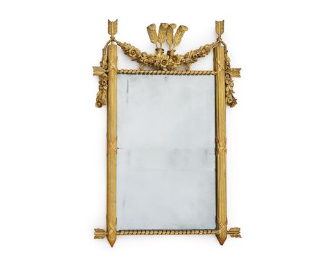 A CARVED GILTWOOD WALL MIRROR IN EARLY 19TH CENTURY STYLE, INCORPORATING SOME PERIOD ELEMENTS Surmounted by four feathers and
