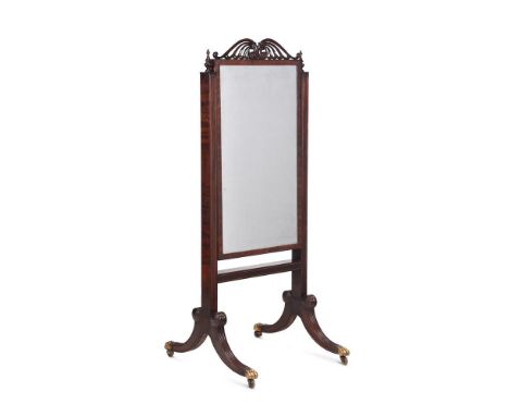 A REGENCY MAHOGANY AND BRASS INLAID CHEVAL MIRROREARLY 19TH CENTURYWith a rising sash mechanism to raise the mirror plate fra
