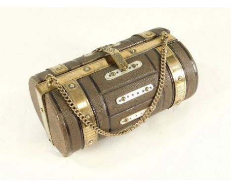 HANDBAG ETUI. A Victorian brass bound & mother of pearl handbag etui, opening to reveal two fitted sections of tools. Beneath
