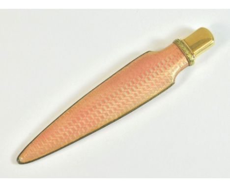 RUSSIAN PENCIL HOLDER.A Russian gold & pink guilloche-enamelled pencil holder/letter opener, of elongated, flattened form. Th