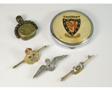 SWEETHEART BADGES ETC. Two 9ct. gold &amp; enamel Royal Navy sweetheart pins. Also, a silver &amp; marcasite Fleet Air Arm sw