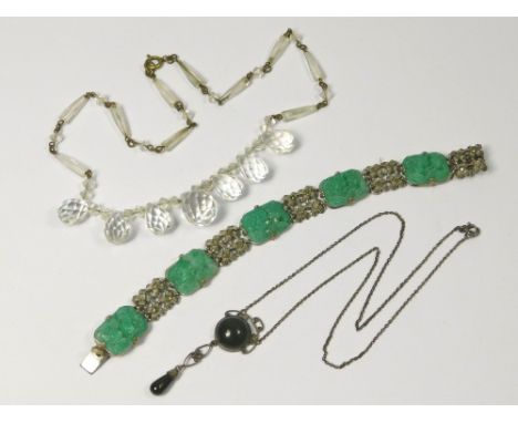 PEKING GLASS ETC. A moulded Peking glass &amp; marcasite set bracelet &amp; two vintage necklaces.