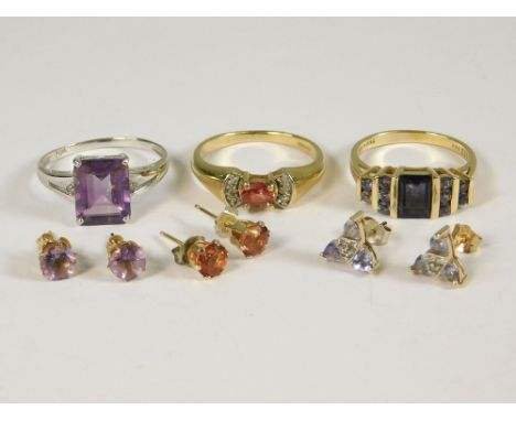 GOLD RINGS ETC. A 9ct. gold dress ring set a fire opal with matching stud earrings, a 14ct. gold tanzanite dress ring with ta