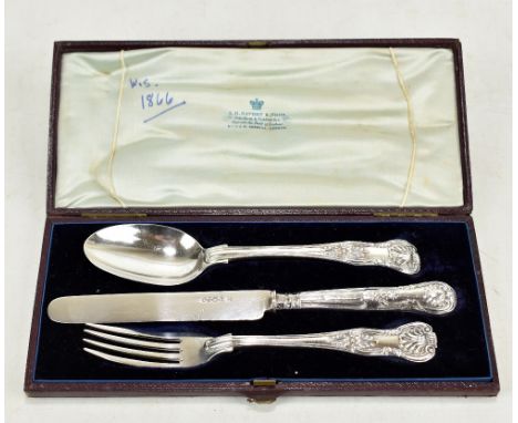 A cased matched three piece hallmarked silver Christening set comprising spoon, knife and fork.