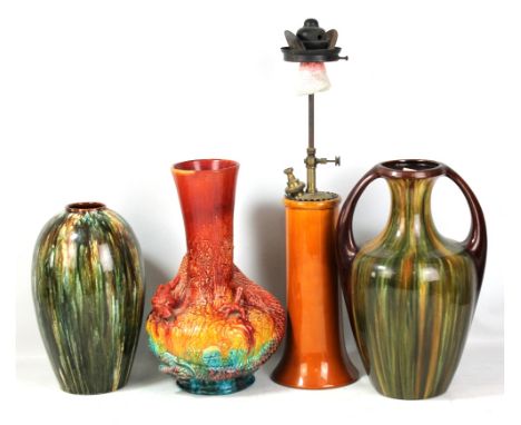 BRETBY; a large mottled glazed vase, height 39cm, a dragon decorated vase, height 39cm, a further drip glazed vase, height 33