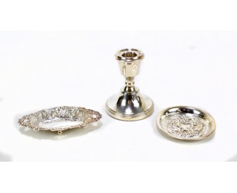 CHARLES BOYTON II; a Victorian hallmarked silver pierced and embossed oval pin dish, London 1895, length 11.5cm, and a circul