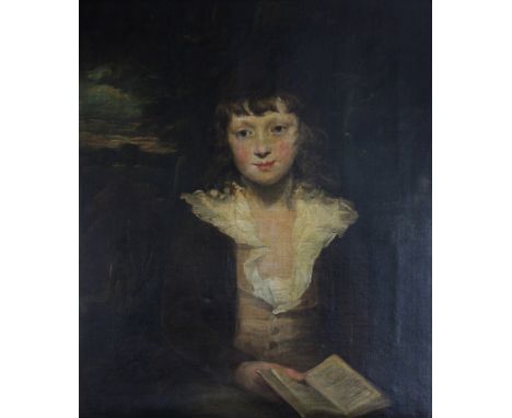 AFTER SIR JOSHUA REYNOLDS; oil on canvas, portrait of a young boy reading a book, with landscape beyond, unsigned, 60 x 73cm,