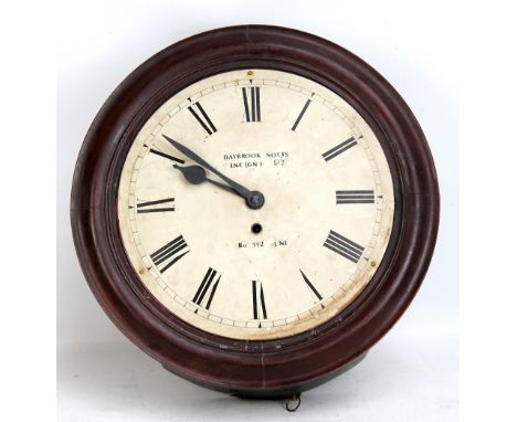 A circa 1900 mahogany circular wall clock, the enamel dial set with Roman numerals, with associated plaque to side, diameter 