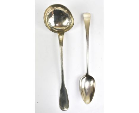 RICHARD CROSSLEY; a George III hallmarked silver serving spoon, London 1798, length 30cm, also a French fiddle and thread pat