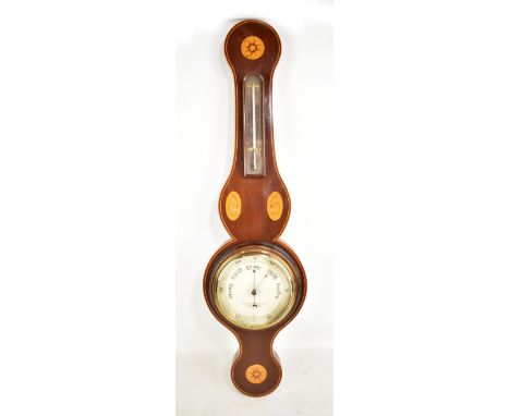 THOMAS ARMSTRONG &amp; BRO OF MANCHESTER; an Edwardian inlaid mahogany banjo thermometer and barometer, the dial set with Ara