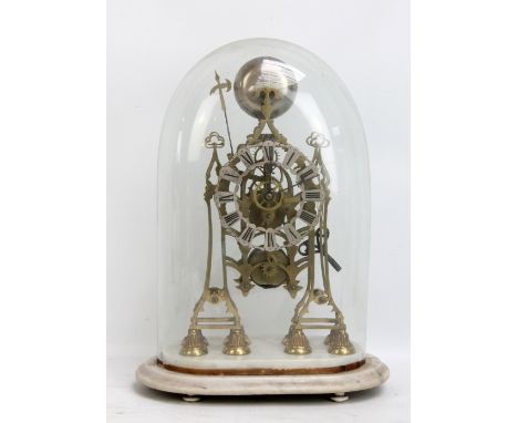 A late 19th century brass skeleton clock, the silvered chapter ring set with Roman numerals, with fusée movement striking on 