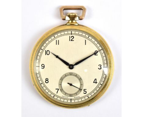 CYMA; a gold plated Art Deco crown wind slim open face pocket watch, the silvered dial with Arabic numerals and with subsidia