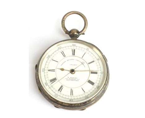 A Victorian hallmarked silver open-faced centre seconds chronograph pocket watch with white enamel dial inscribed 'H. Samuel 