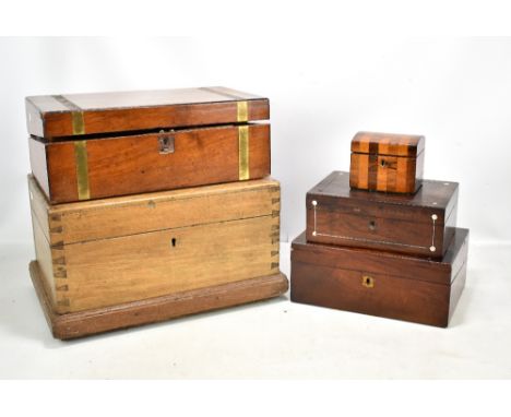A Victorian walnut writing slope, a rustic pine box, a mahogany writing slope, a rosewood rectangular box and a rosewood and 