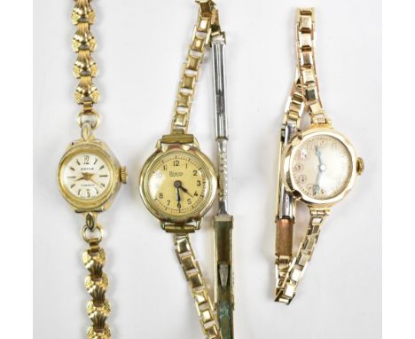 A 9ct yellow gold lady's vintage wristwatch on plated bracelet and two further vintage ladies' wristwatches (3).