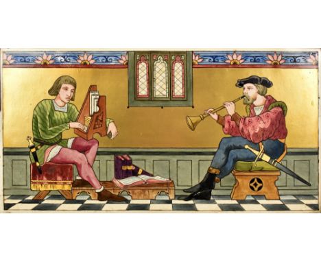 MINTON; a large and rare tile, painted and gilt-heightened depicting Medieval musicians in an interior, impressed marks, prob