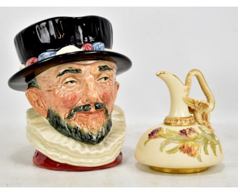 ROYAL DOULTON; a large 'Beefeaters'&nbsp;character jug, also a Royal Worcester blush ivory floral decorated jug (2).