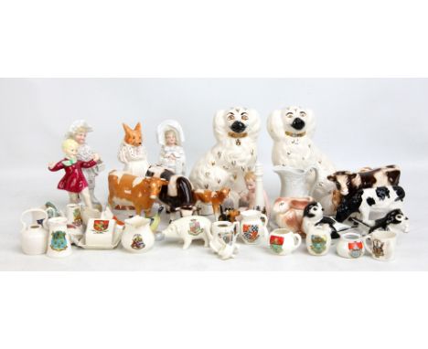 A group of ceramic figures including Royal Worcester 'January', Beswick cow and calf (latter left ear af), a pair of Stafford