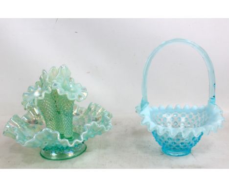 FENTON; a light blue opalescent glass epergne with three horns and shaped circular bowl with crimped wavy rim, marked, height
