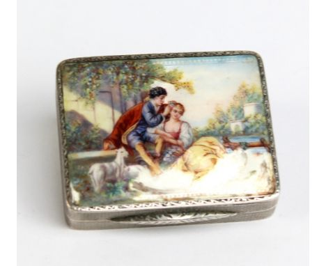 An early 20th century Continental silver and enamel decorated compact, the hinged lid decorated with a couple in landscape en