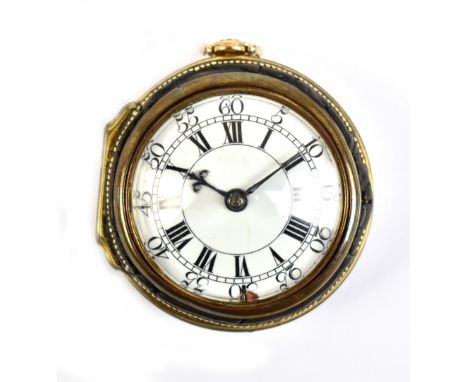 DELANDER; an 18th century pair cased fusee pocket watch, the outer yellow metal leather clad and gilt stud decorated case enc