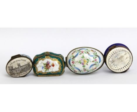 Four patch boxes to include two enamelled examples, 'A Trifle from York' York Cathedral, 'When This You See, Remember Me' (af