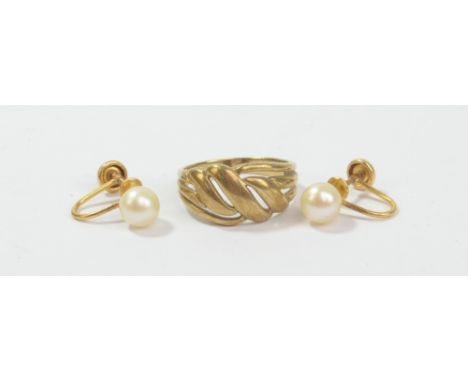 A 9ct gold dress ring, size P, approx 3.2g, and a pair of yellow metal screw back earrings stamped 14k set with pearls.