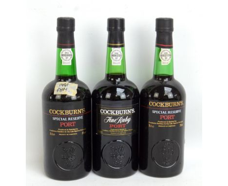 COCKBURN'S; three bottles of port, two 'Special Reserve' and the other 'Fine Ruby', all 20% 70cl (3).&nbsp;