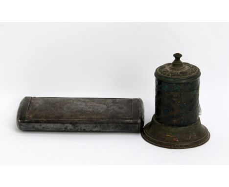 A mid-18th century tin charcoal hand warmer, inscribed 'JN.O Wood Baggarlee Mill 1754', also a safety vesta light box (2).