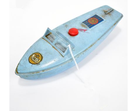 SUTCLIFFE; a tinplate model boat with 'Comet' and manufacturer decals in light blue, playworn.Additional InformationPlayworn 