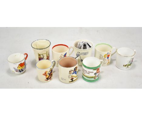A group of children's porcelain mugs including Shelley 'Little Red Riding Hood Sends Her Love To You' example and further inc