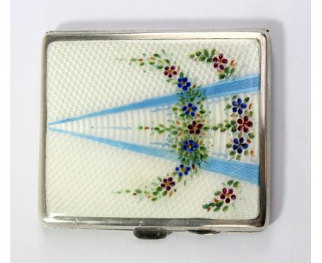 A George V hallmarked silver and enamel decorated cigarette case of rounded rectangular form, Birmingham 1932, 8 x 7cm.