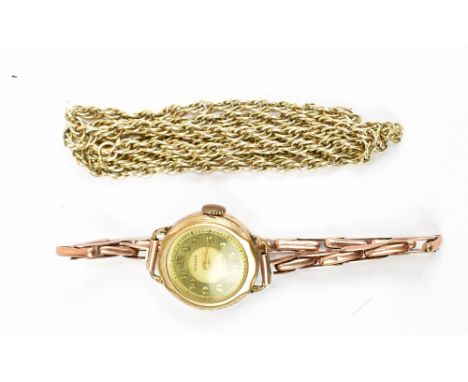 A 9ct yellow gold chain, length 58cm, approx 13.4g and a lady's vintage wristwatch (2).