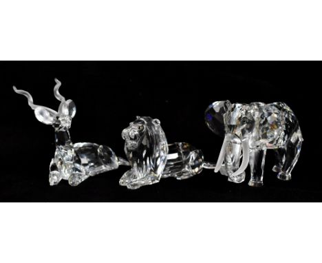 SWAROVSKI; three 'Inspiration Africa' annual edition 1993 figures, 'The Lion' (with leaflet), 'The Elephant' and 'The Kudu', 