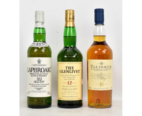 Three bottles of single malt Scotch whisky comprising The Glenlivet 'George Smith's Original 1824' Aged 12 Years (40%), Laphr