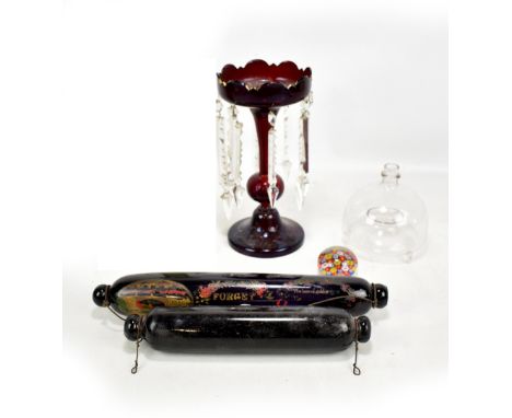 A 19th century ruby tinted table lustre, height 28cm, a clear glass fly catcher, two salt rolling pins, one with traces of or