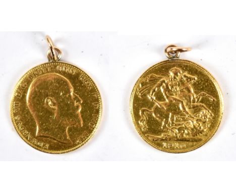 An Edward VII full sovereign, 1910, with ring loop attachment, worn.