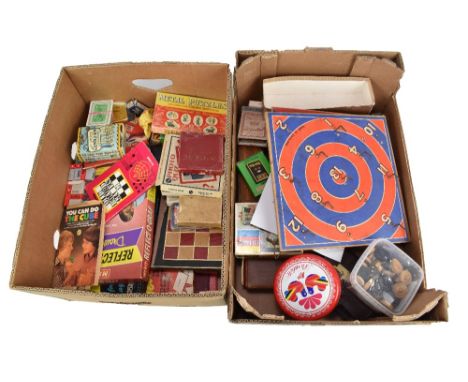 A group of vintage board and card games including Halma, Tell Me, various sets of playing cards, etc.&nbsp;