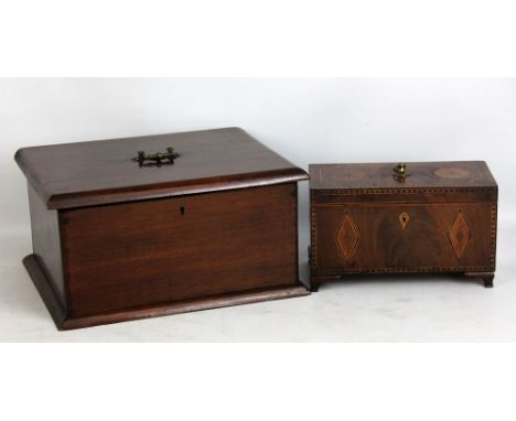 An Edwardian mahogany and inlaid three division tea caddy raised on four bracket feet (af) and a larger box (2).Additional In