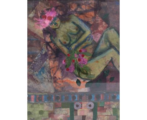 KITTY FRENCH (1929-1989); mixed media 'Nude in Feathered Hat', signed with initial K lower-right and inscribed verso, 53 x 73