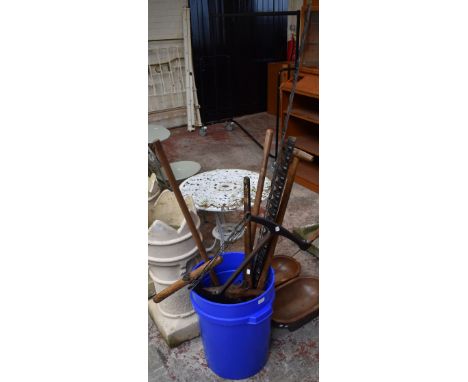 A quantity of treen and tools including a bread paddle, anchor, bow saw, brace etc.