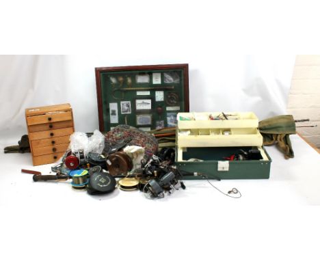 A fishing group with various rods including Hardy 'The Perfection', 'The County' and 'Wood' with canvas cases, a framed and g
