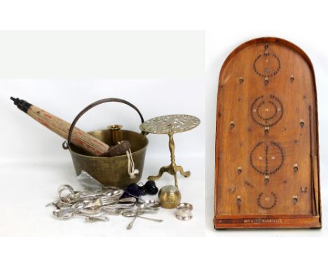 A mixed group of metalware to include electroplated cutlery, napkin rings, a brass jam pan, a trivet, etc, also a vintage 196