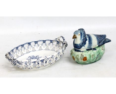 An 18th century Worcester pinecone pattern chestnut basket of oval form, painted marks to base, length 22cm and an unusual pe